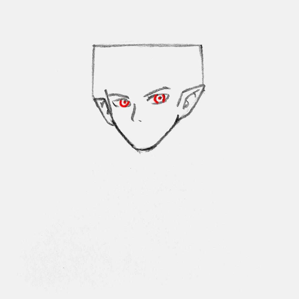 Draw a circle in each eye and add a dit in the center to mark the pupil