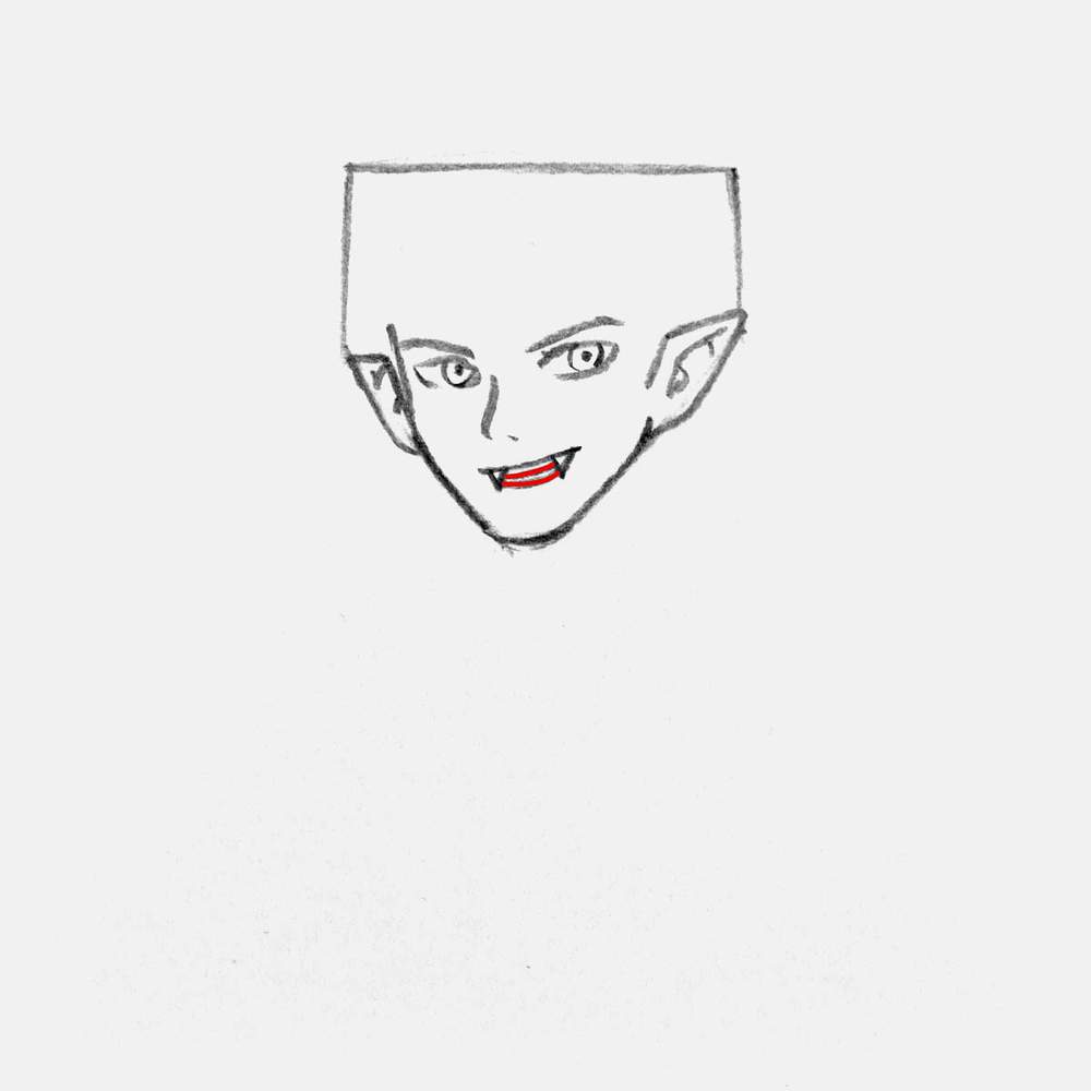 Sketch the bottom edge of the mouth in between his canine teeth