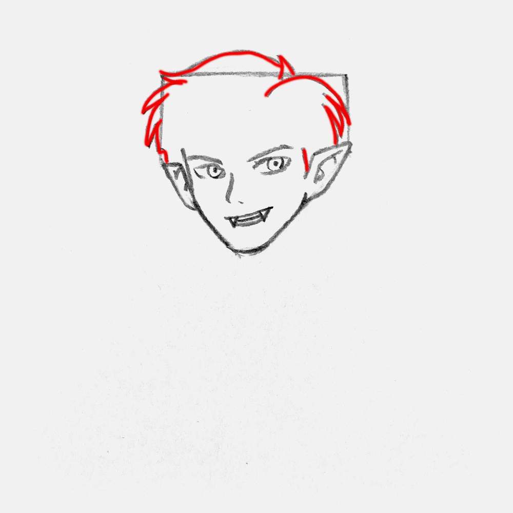 Sketch the outline of the wavy hair of the vampire