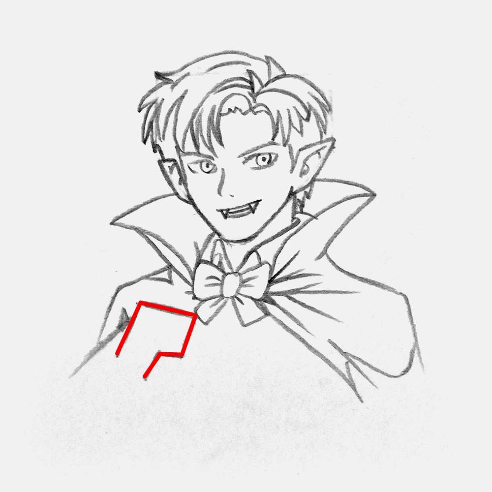 Sketch a boxy shape to help sketch the hand of the vampire