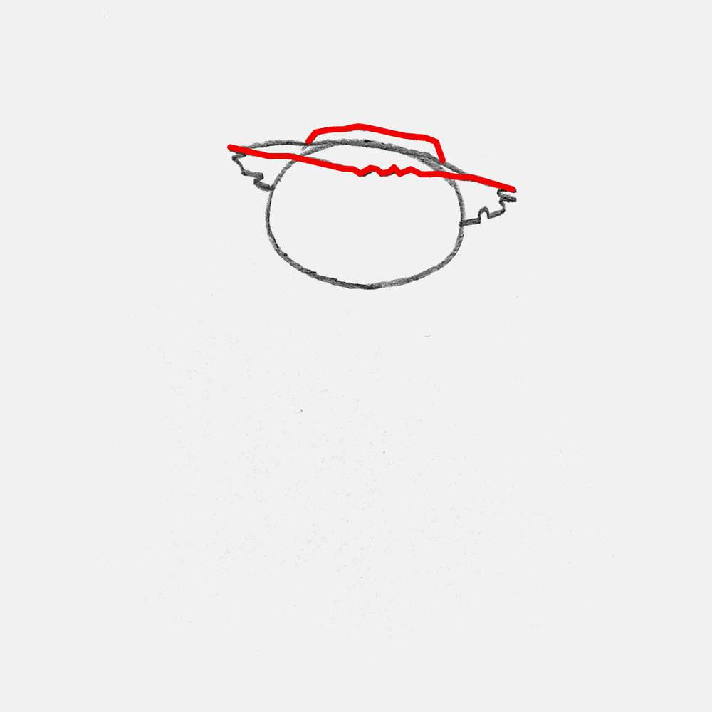 Sketch the front edge of the brim overlapping the top of the oval shaped head and add more frayed edges. Also add a thin band around the base of the crown.