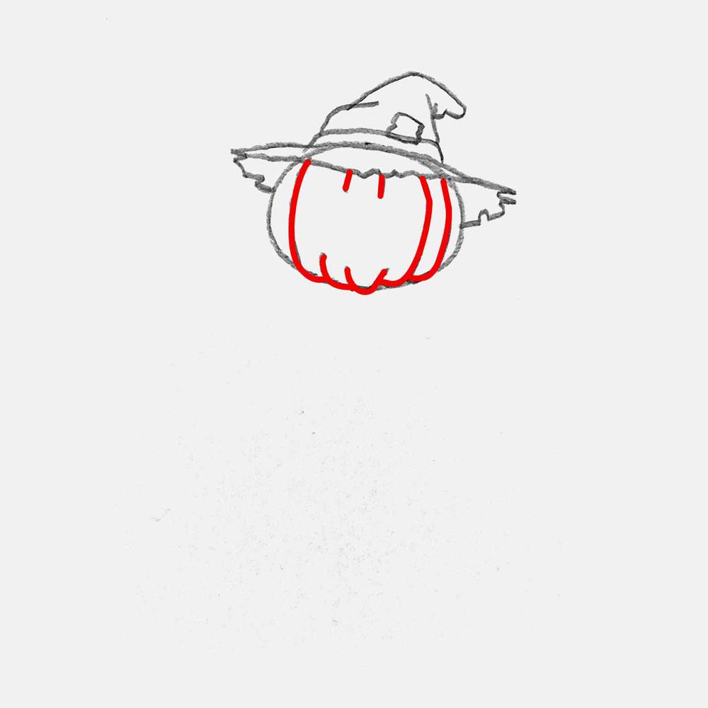 Sketch the curved markings on the pumpkin head of the scarecrow, but leave space for the face.