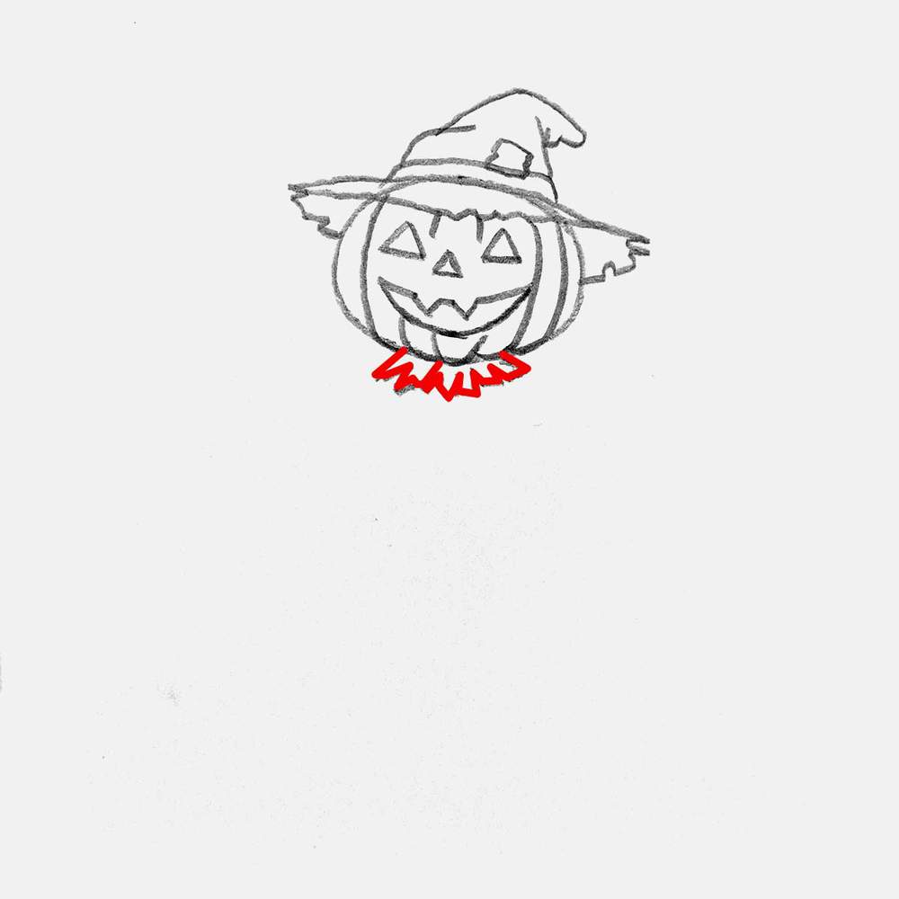 Use straight and harsh lines to sketch the straw collar around the neck of the scarecrow
