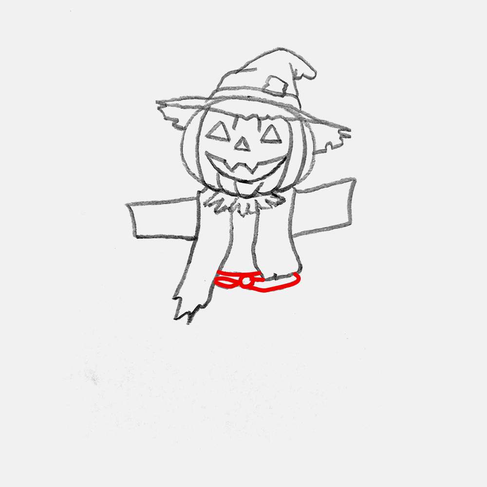 Sketch the rope belt around the waist of the scarecrow, overlapping one side of the front panel of the coat and going underneath the other side.