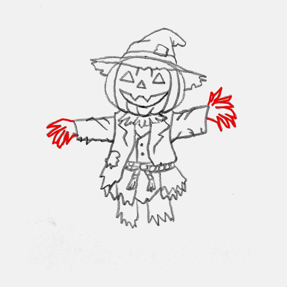 Use straight and harsh lines to add the straw sticking out the sleeves, aka draw the straw hands of the scarecrow.