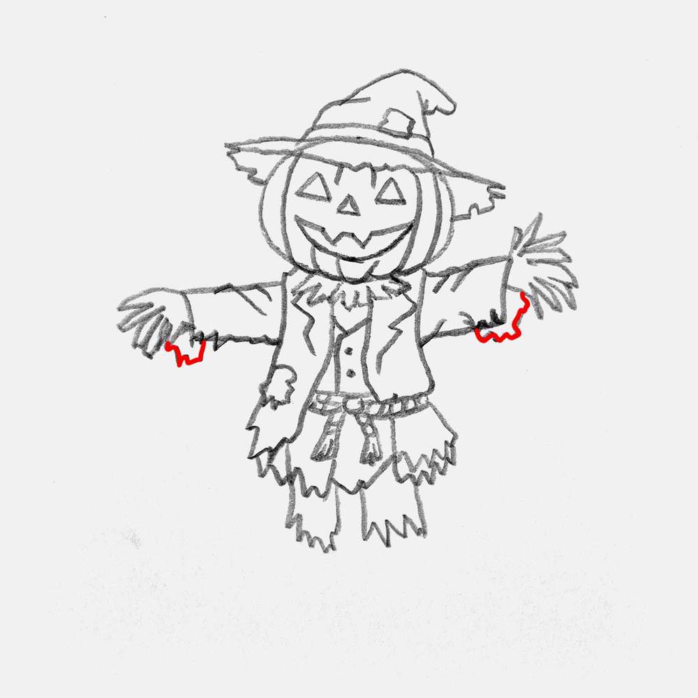 Add the torn and frayed edges of the sleeves below the straw hands of the scarecrow.