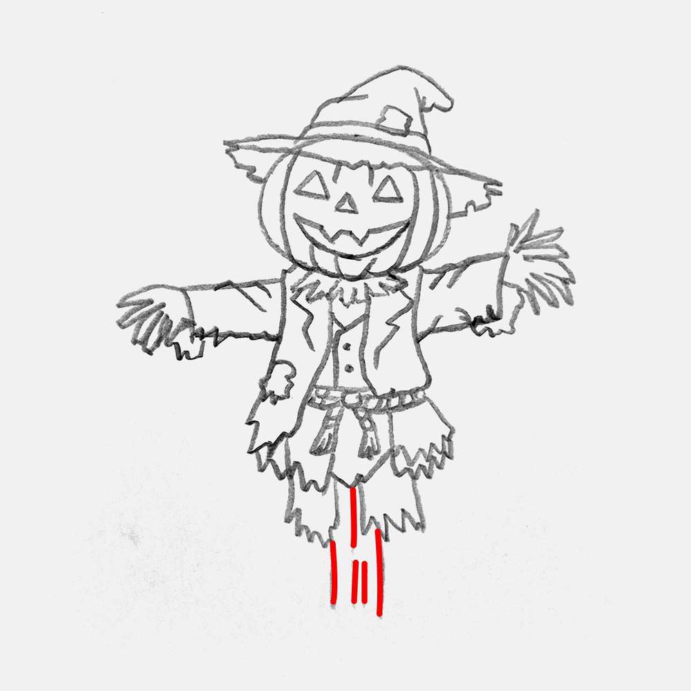 Use two parallel lines to sketch the wooden post on which the scarecrow is mounted and add some texture lines on it.