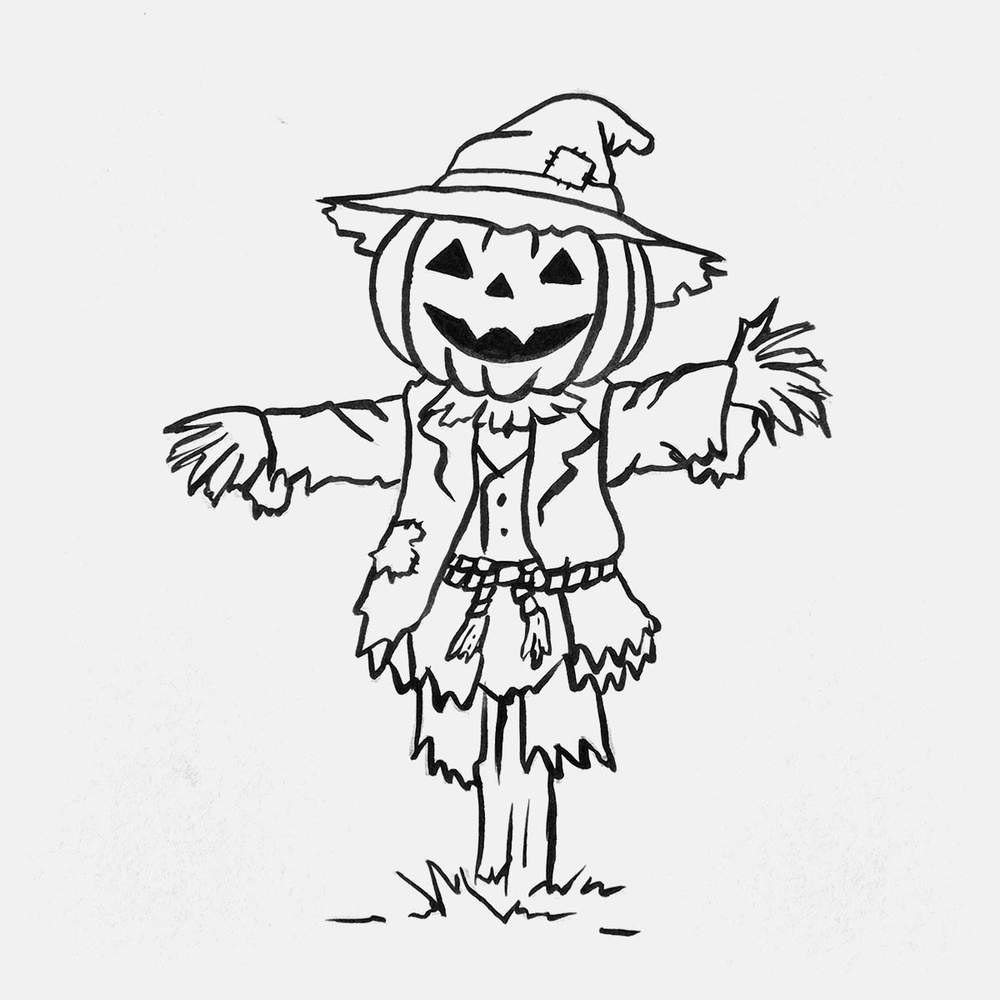 Use a black fineliner or brush pens and outline the sketch of the scarecrow.