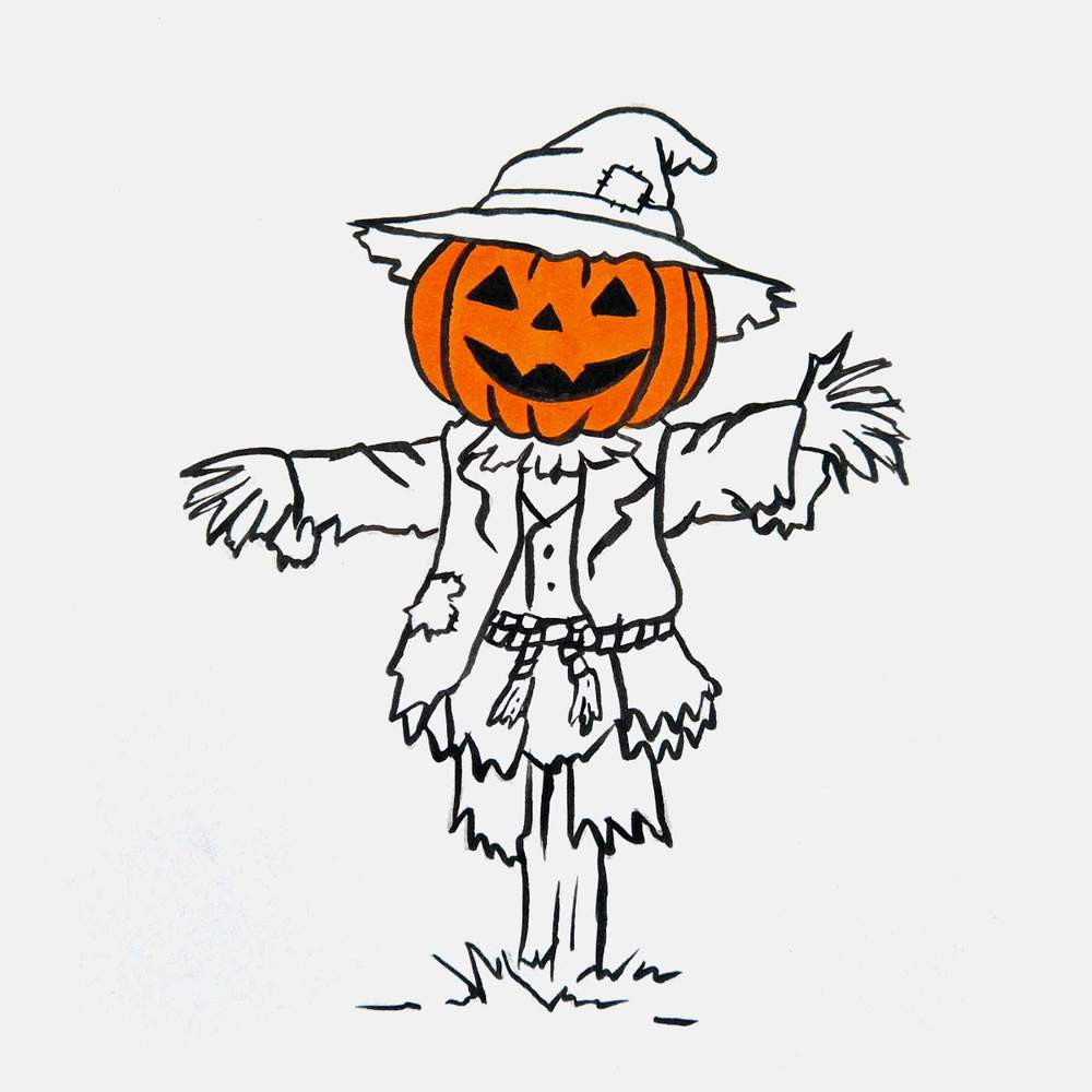 Use an orange marker to color the pumpkin head of the scarecrow.