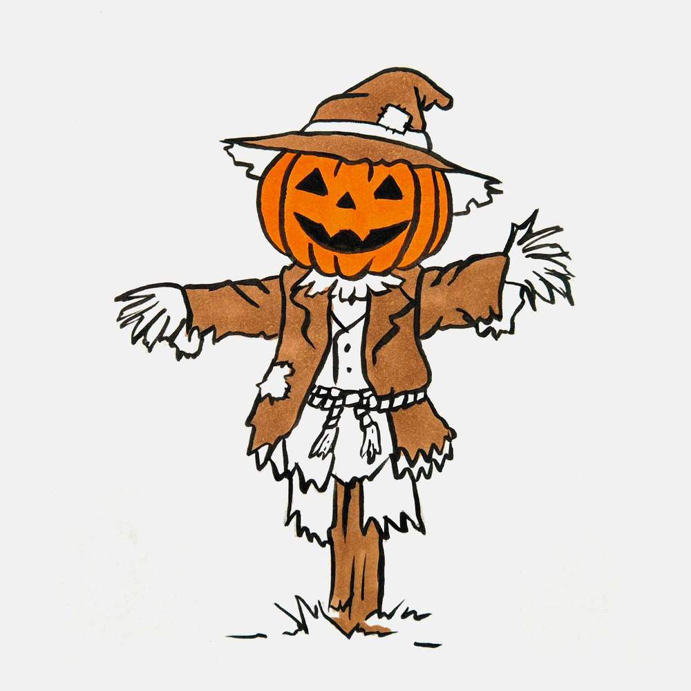 Color the coat and the wooden post of the scarecrow with a faded brown.
