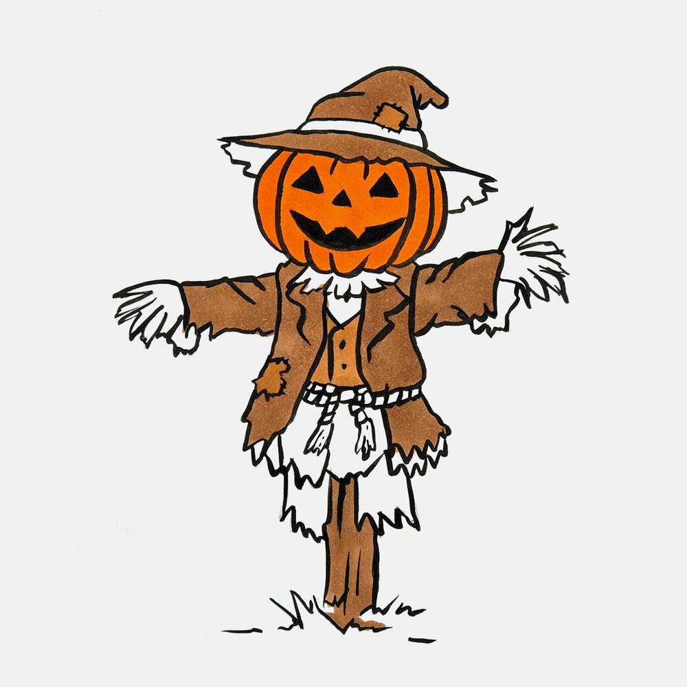Use a warm toned faded brown to color the shirt and the stitched patches of the scarecrow.