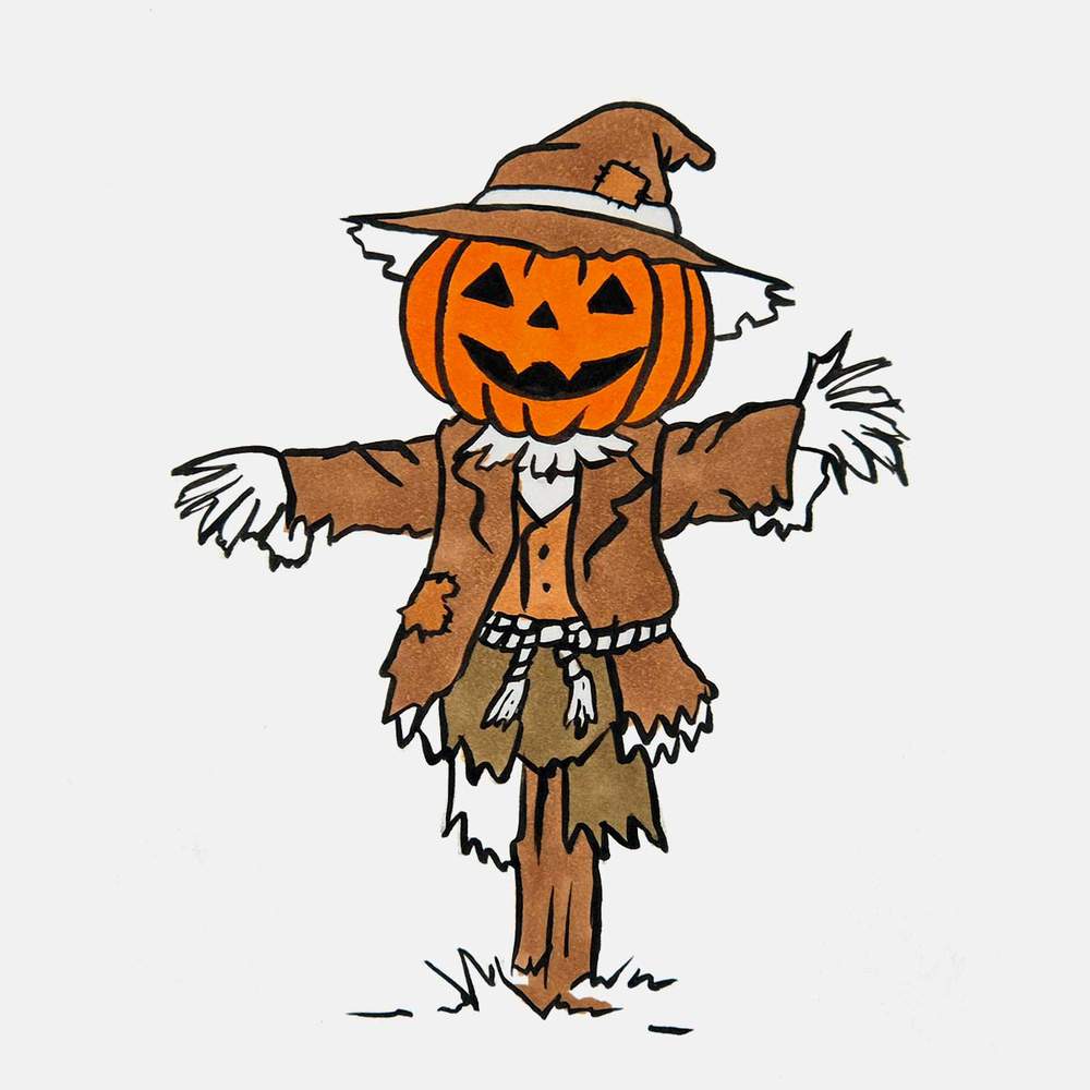 Color the pants of the scarecrow with a more faded green brown marker.