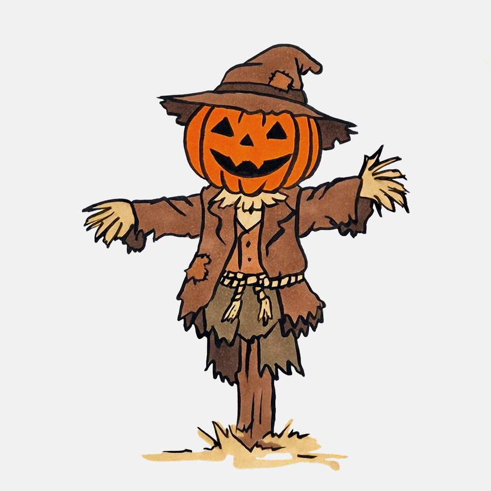 Use a beige or faded yellow marker to color the straw hands, collar, rope belt, and dried grass on the ground.