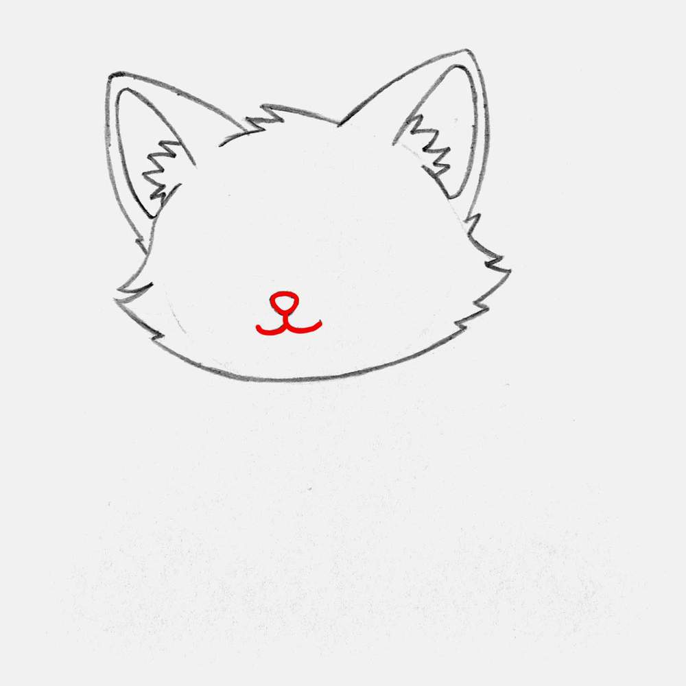 Draw a small cat nose towards the bottom of the head and add a fish hook shaped mouth below.