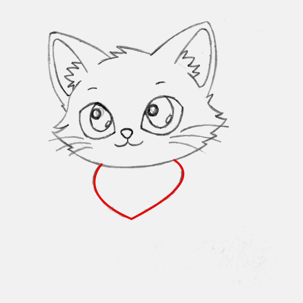 Draw the basic shape of the chest of the cat which looks like a heart shape but without the top part/