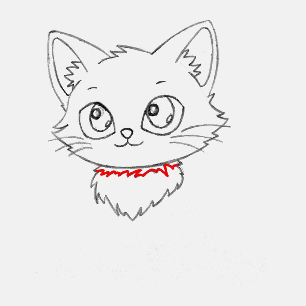 Add some jagged fur lines below the chin of the cute cat