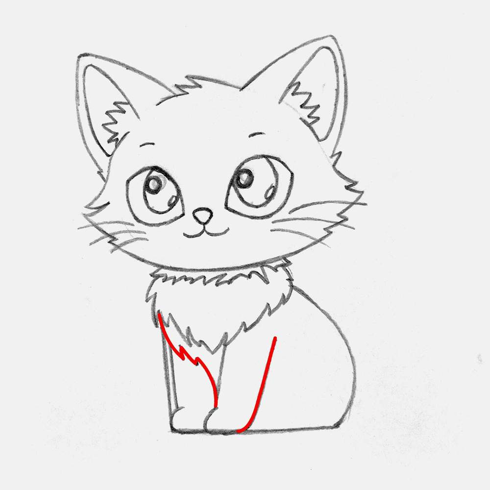 Add some more jagged fur lines in between both front legs and draw the back edge of the right front leg.
