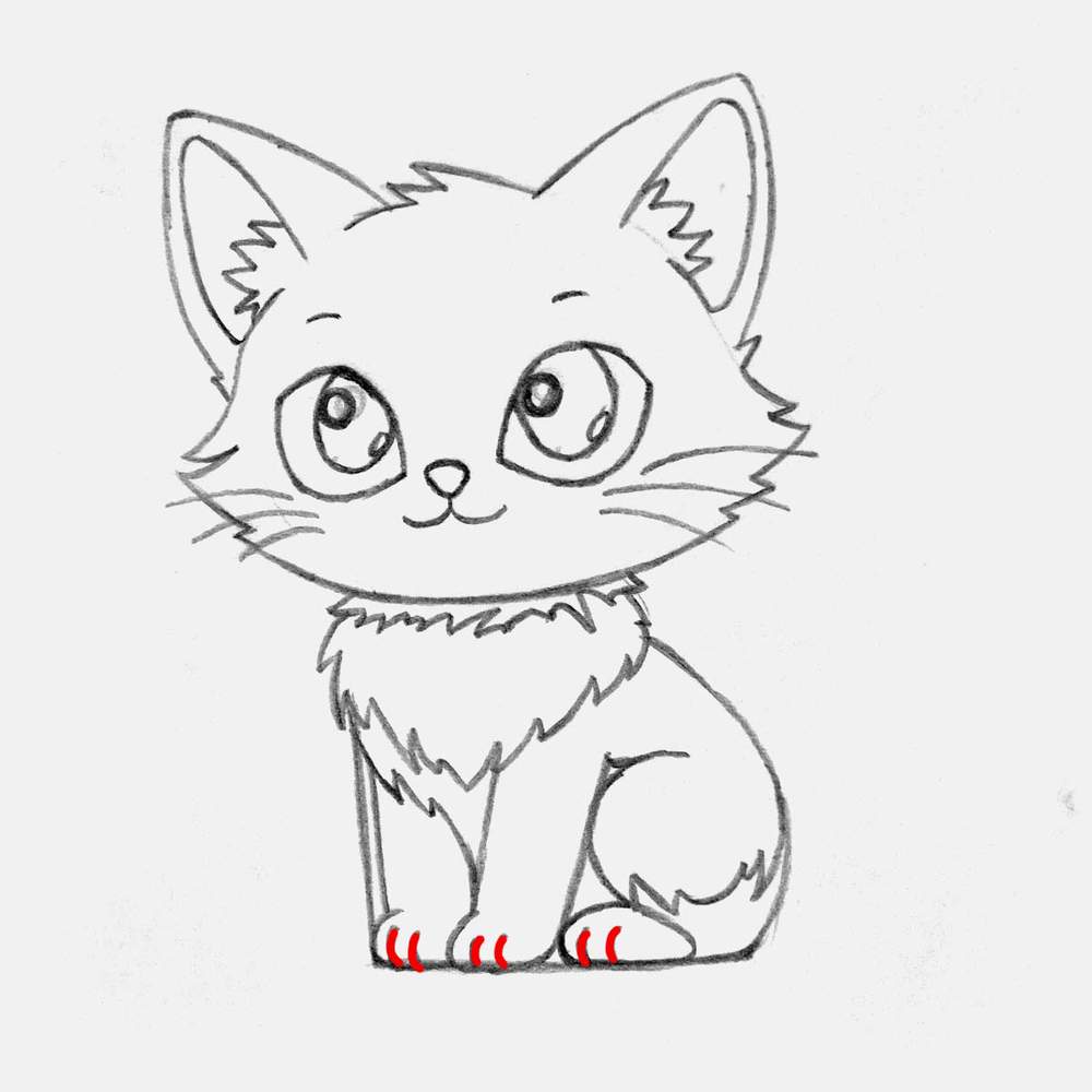 Add the curved toe lines on the paws of the cute cat.