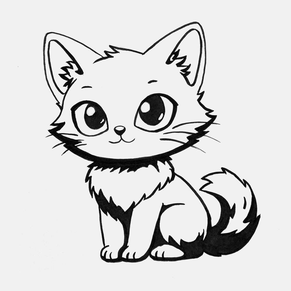 black outline drawing of a cute cat