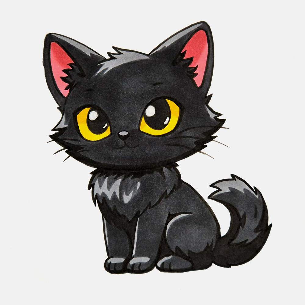 Use a dark grey marker to color the black fur of the cute black cat