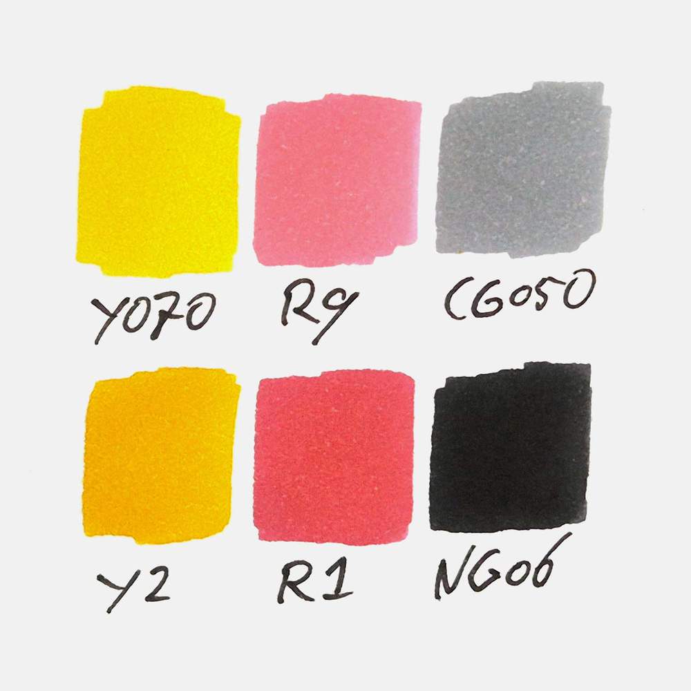 Color swatches of the 6 Ohuhu Honolulu markers used to create the cute black cat drawing