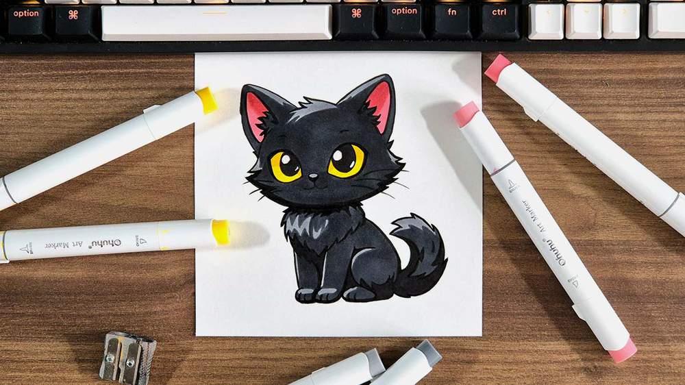 how to draw a cute black cat easy