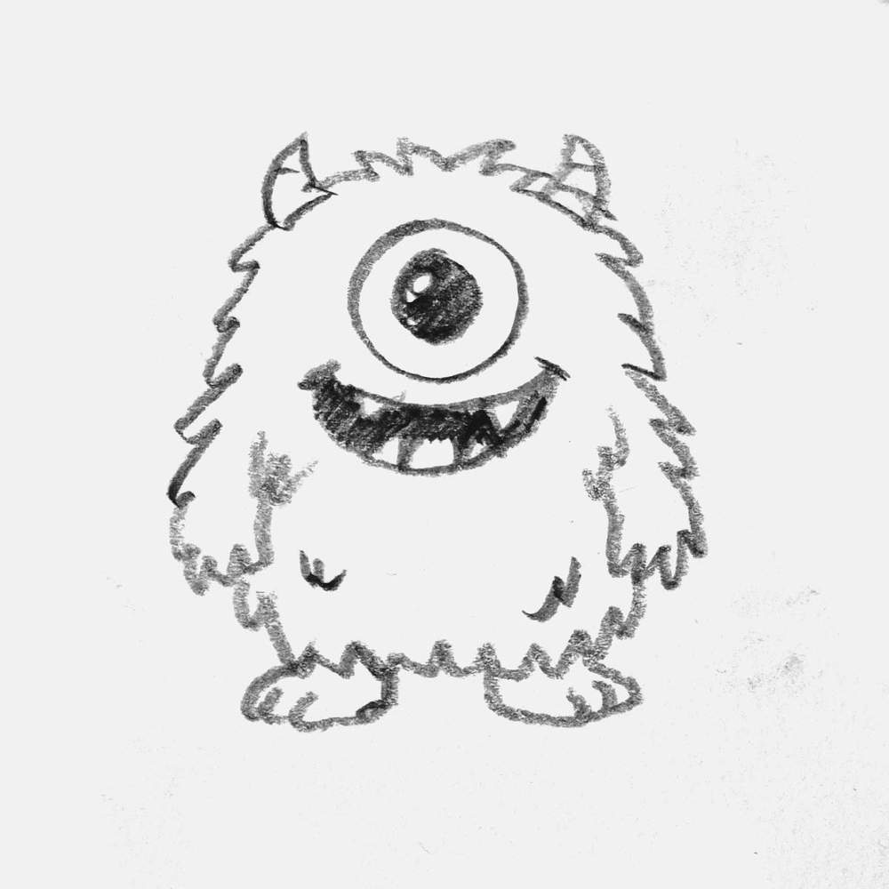 simple pencil drawing of a cute one-eyed fuzzy monster