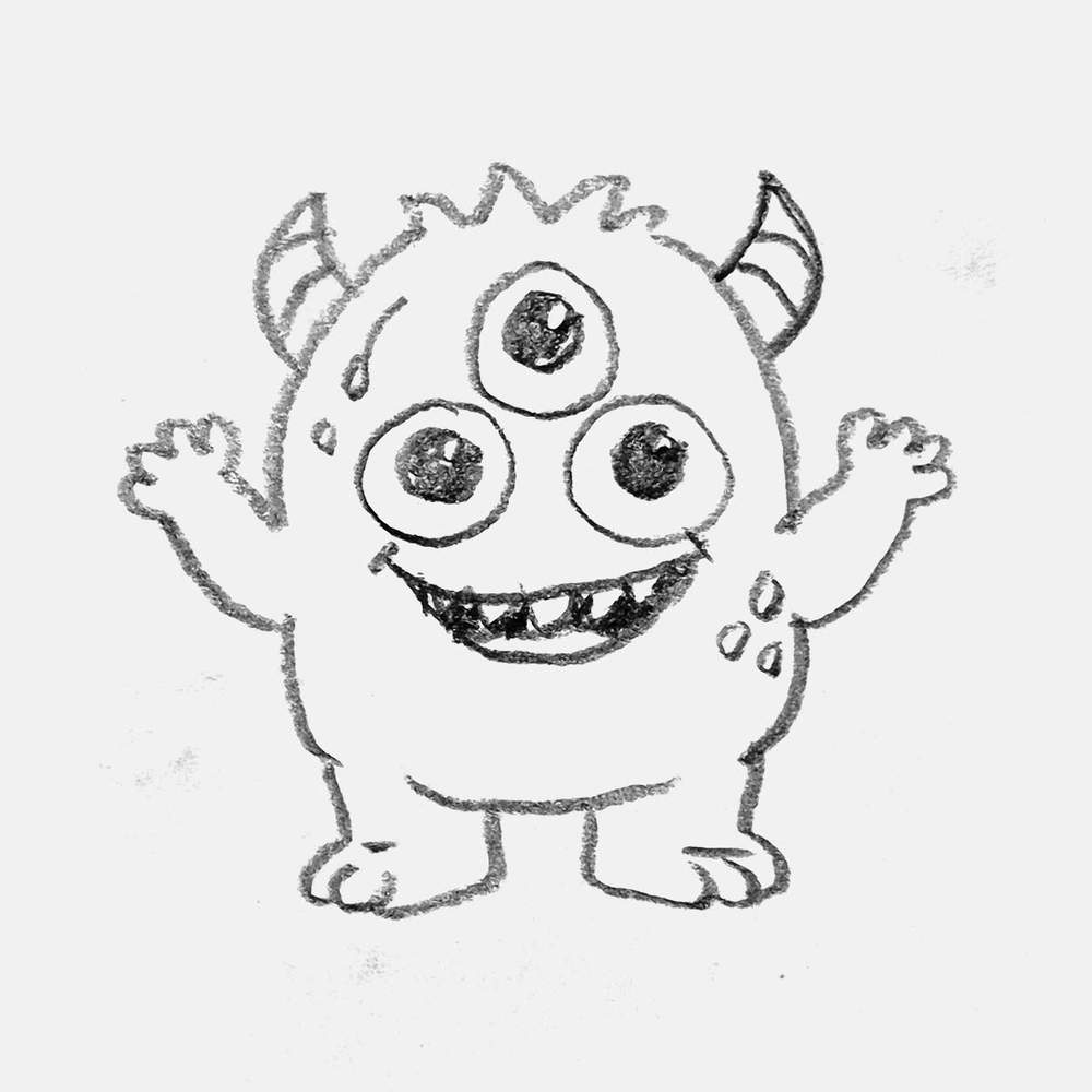 simple pencil drawing of a cute three-eyed smiling monster