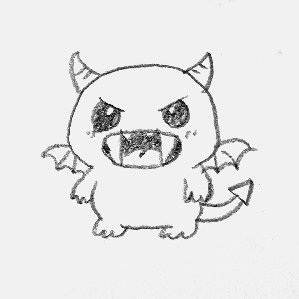 simple pencil drawing of a cute tiny monster with big teeth and amll wings