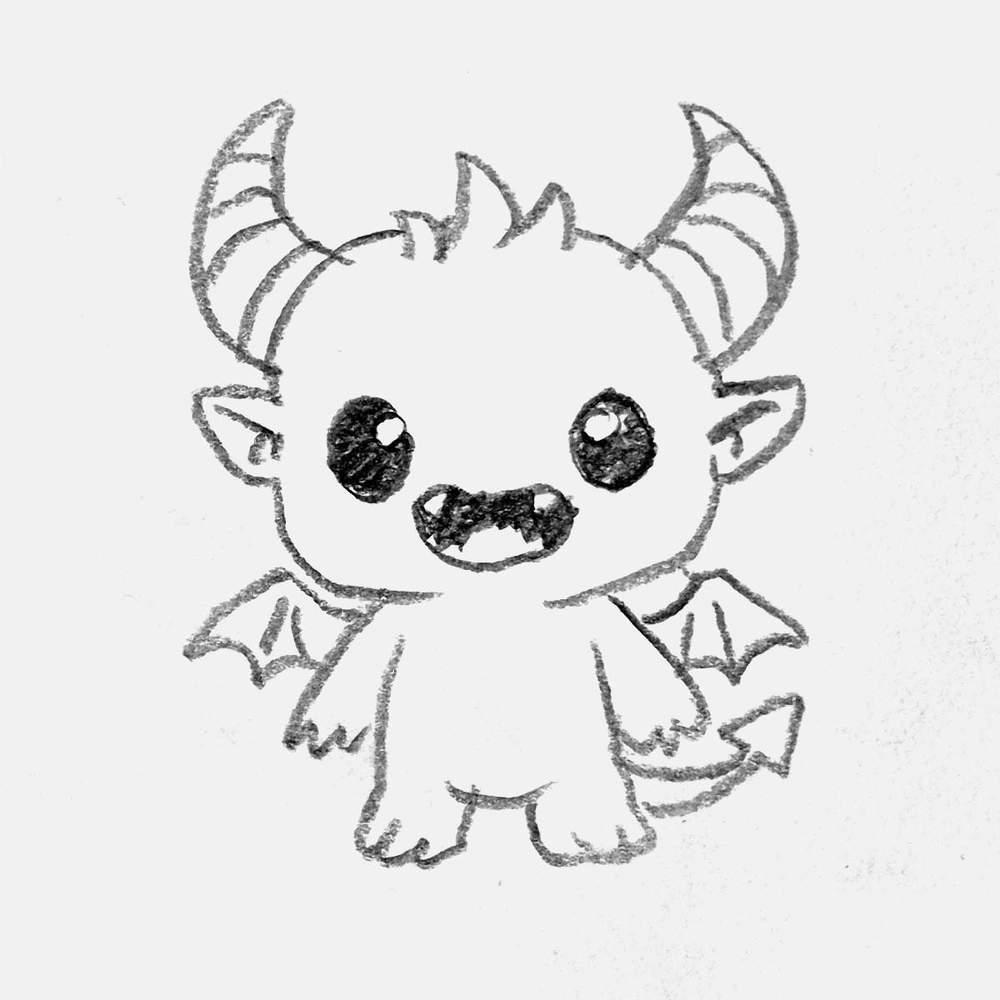 simple pencil drawing of a horned chibi monster with small wings
