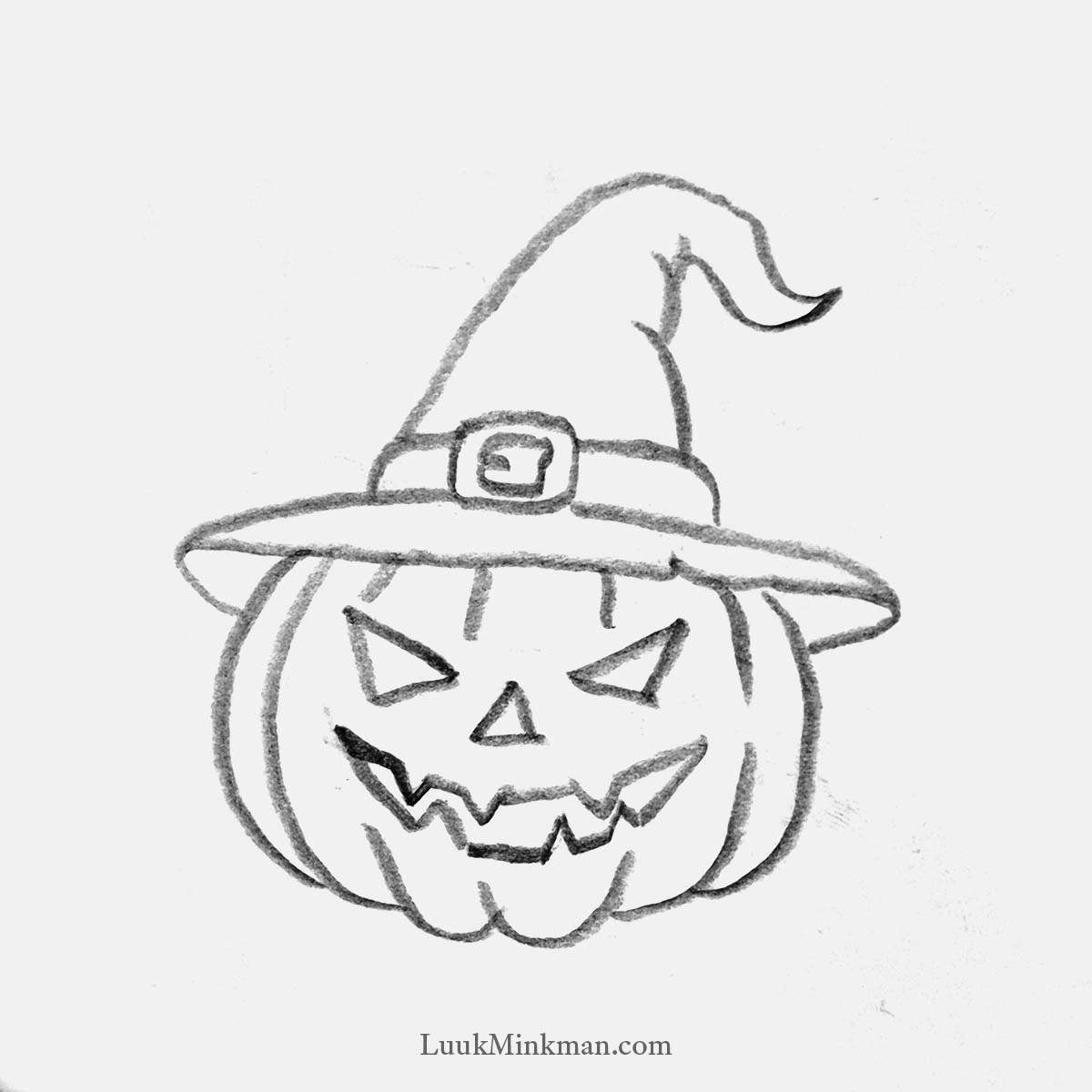 simple pencil drawing of a jack-o'-lantern with a witch hat
