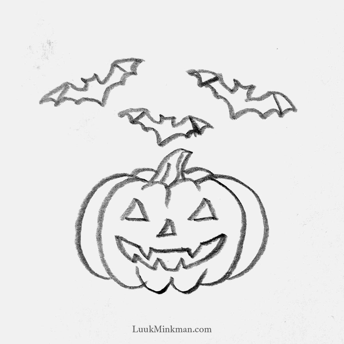 simple pencil drawing of a jack-o'-lantern with some bats flying above it