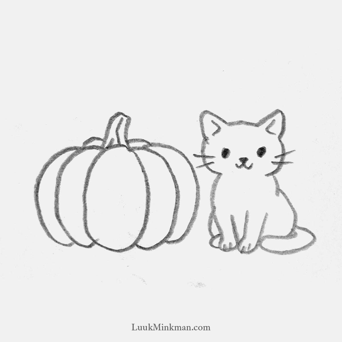 simple pencil drawing of a pumpkin and a cute cat
