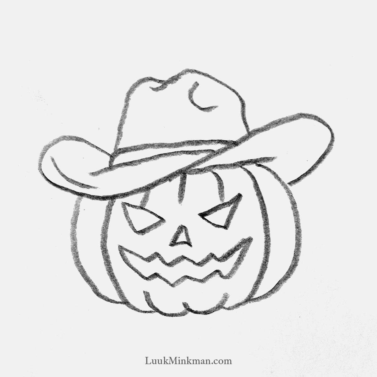 simple pencil drawing of a pumpkin wearing a cowboy hat