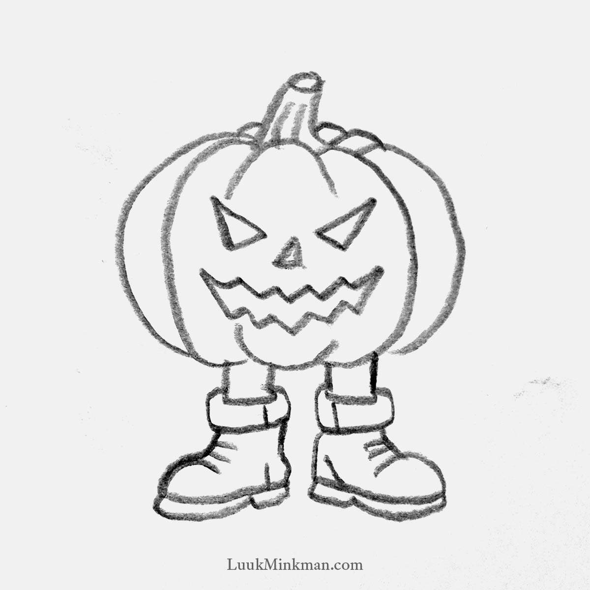 simple pencil drawing of a jack-o'-lantern wearing boots