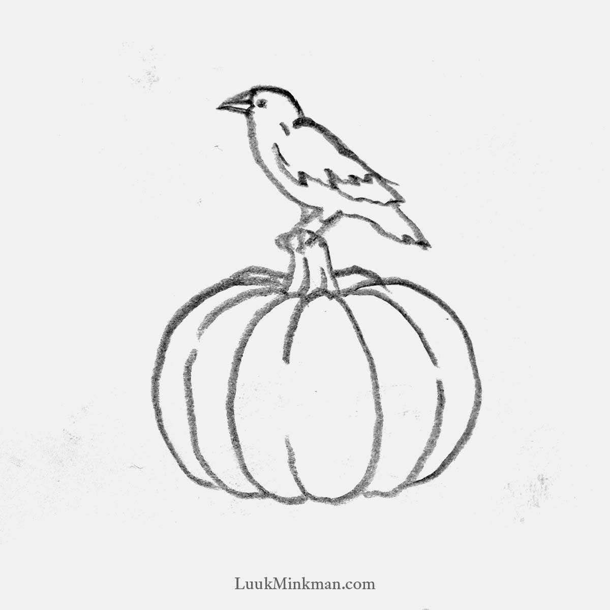 simple pencil drawing of a pumpkin with a crow perched on top