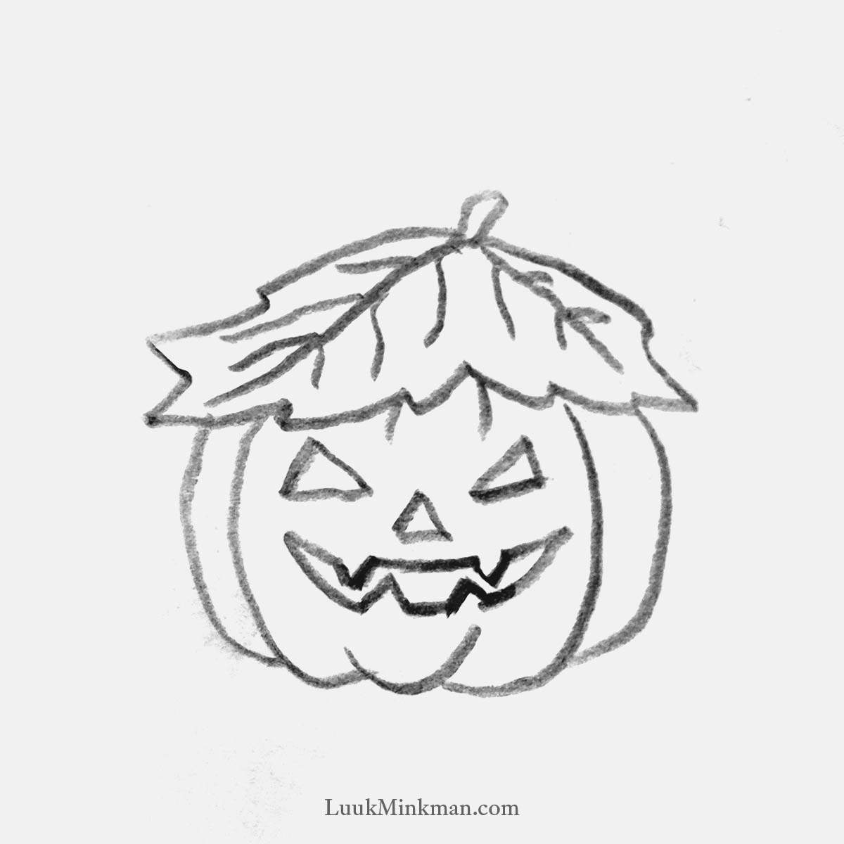 simple pencil drawing of a jack-o'-lantern with a leaf hat