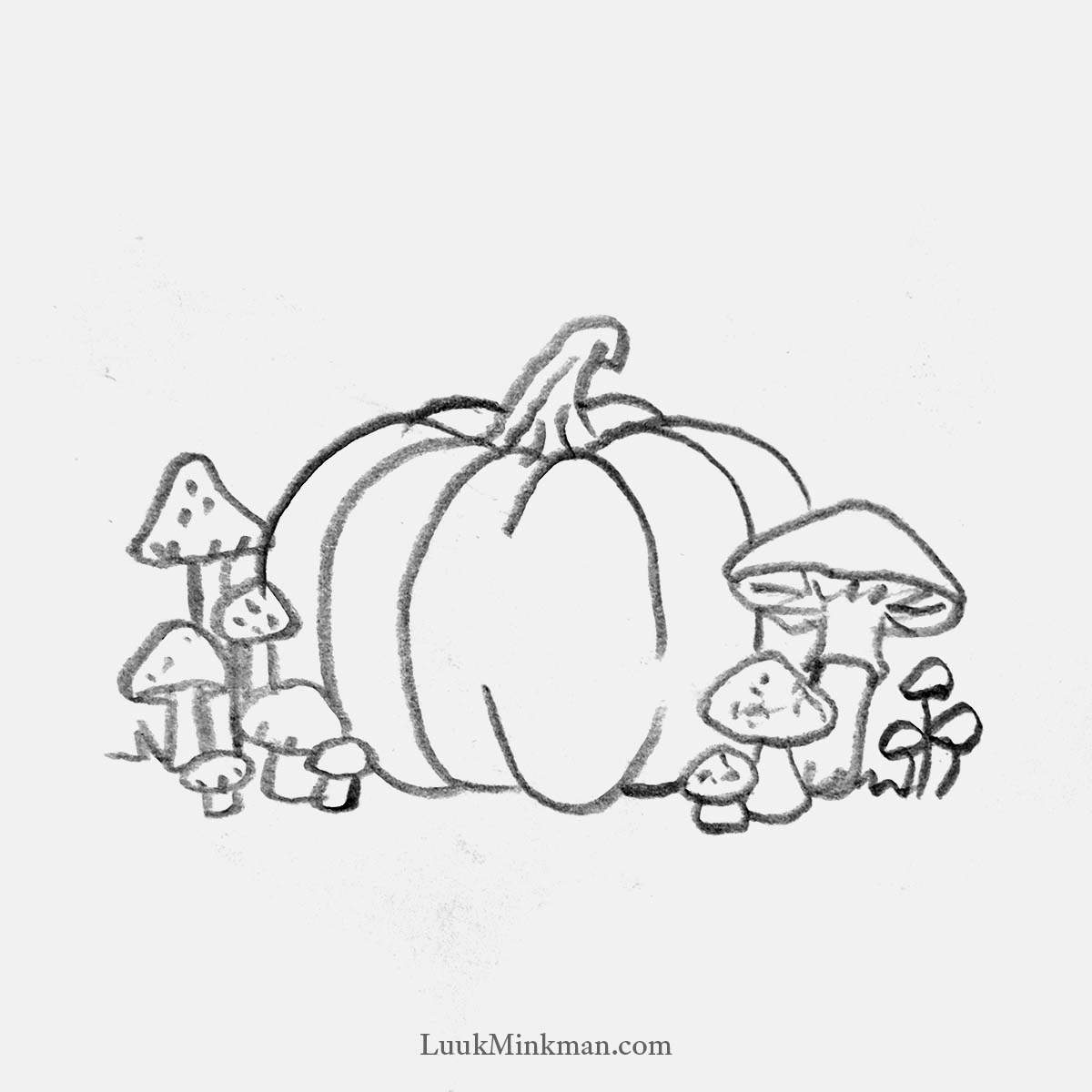 simple pencil drawing of a pumpkin surrounded by mushrooms