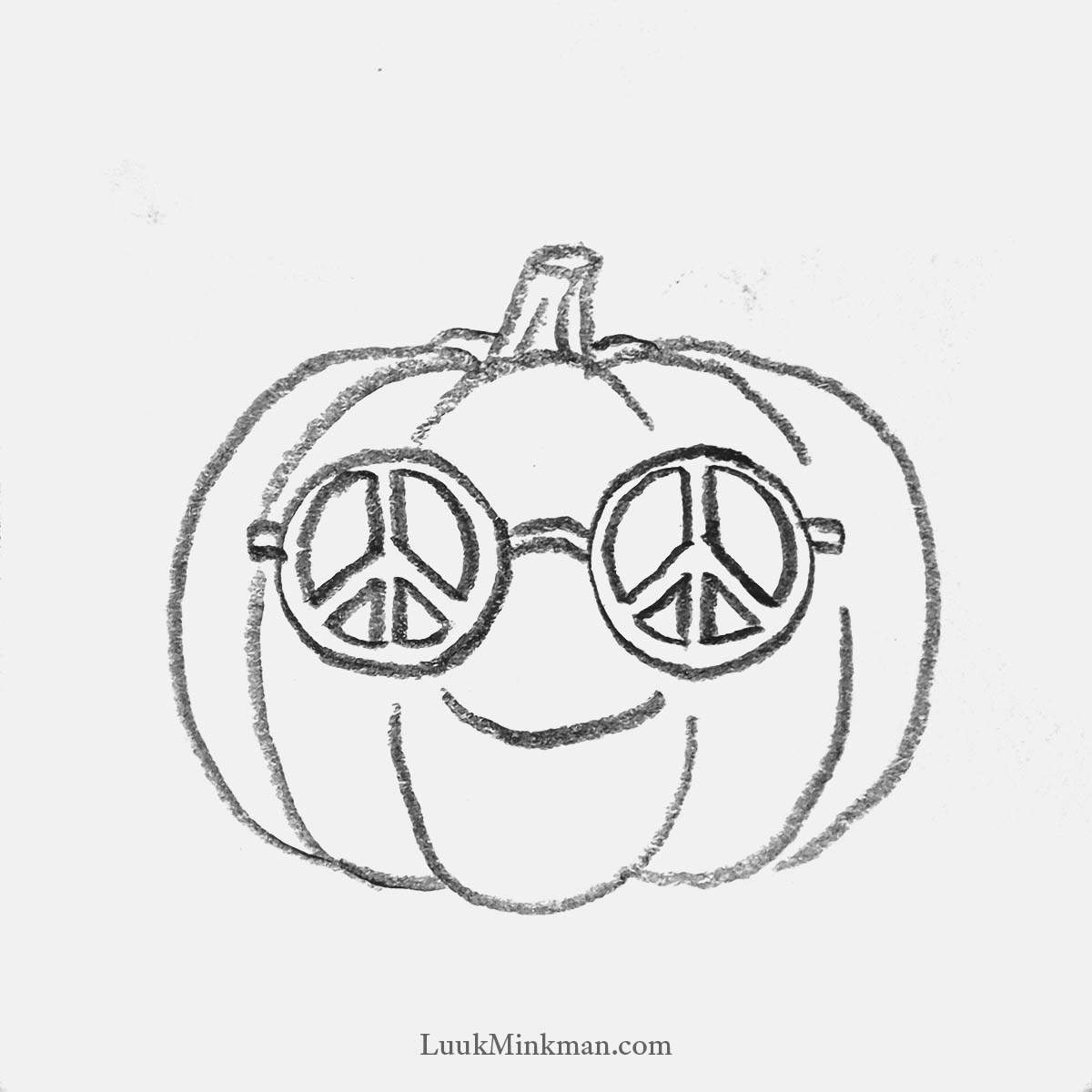 simple pencil drawing of a hippie jack-o'-lantern with sunglasses