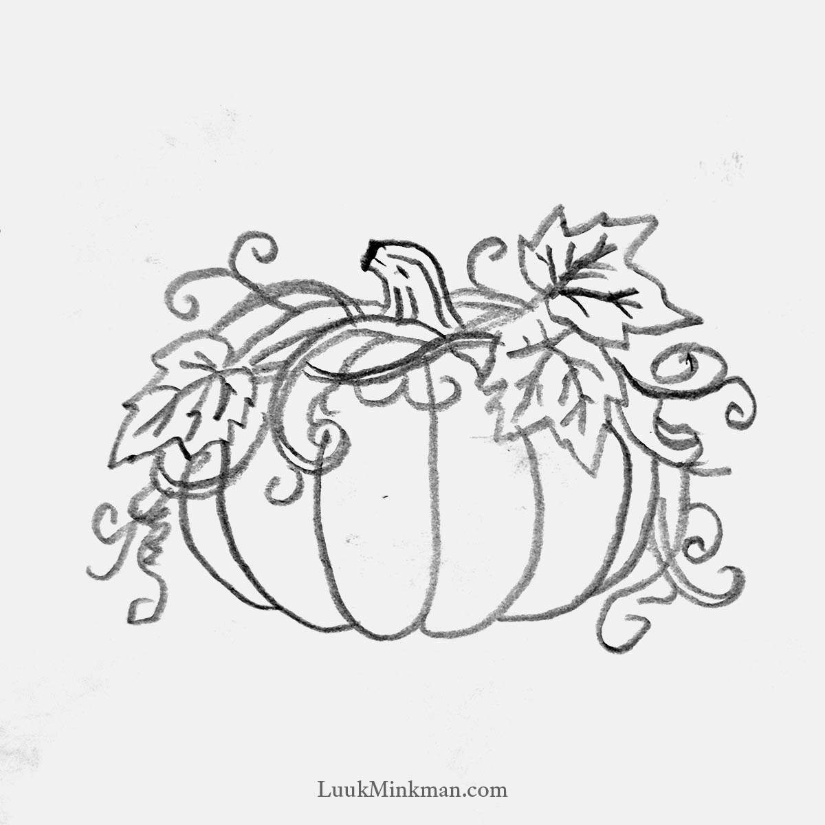 simple pencil drawing of a pumpkin overgrown with vines