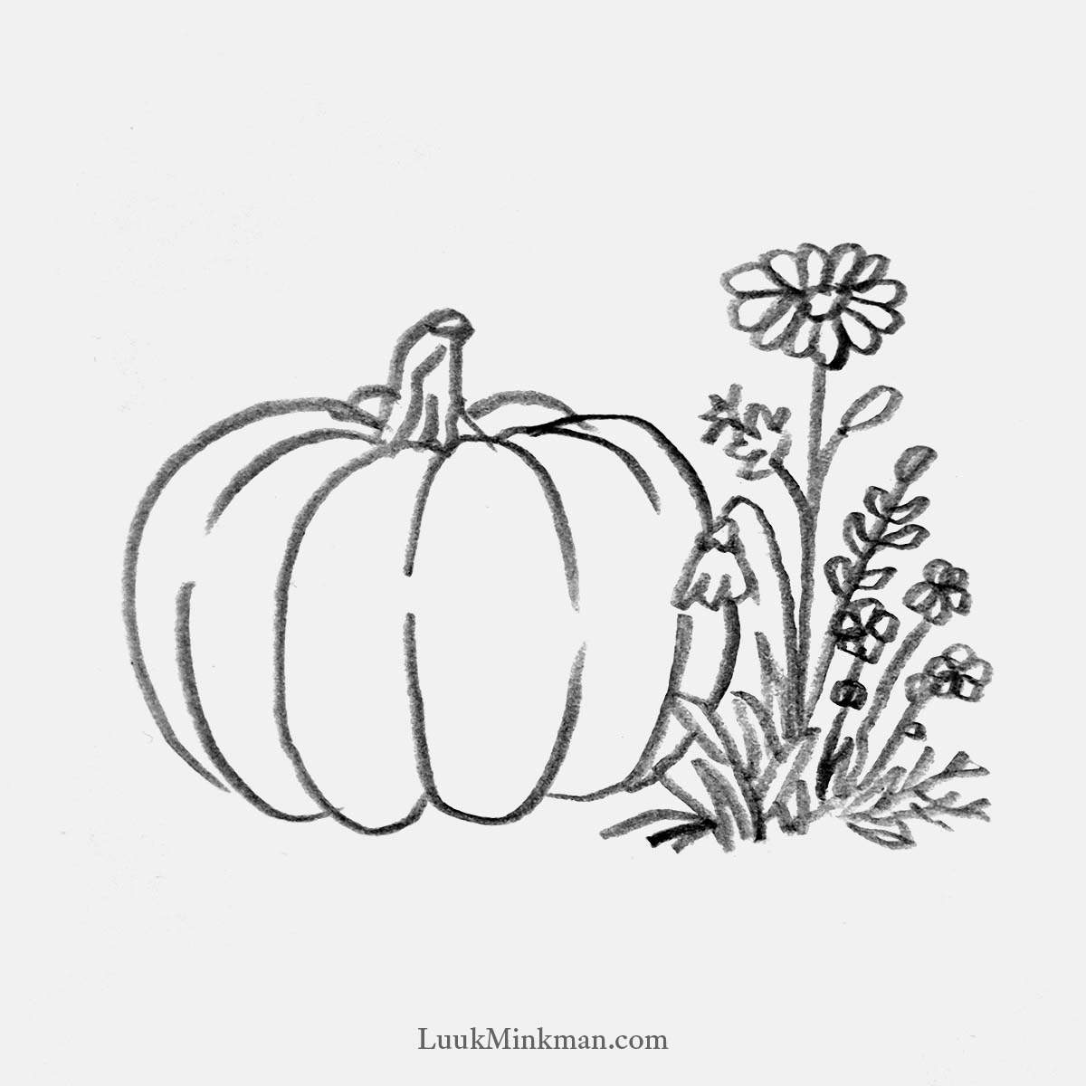 simple pencil drawing of a pumpkin with some wildflowers next to it