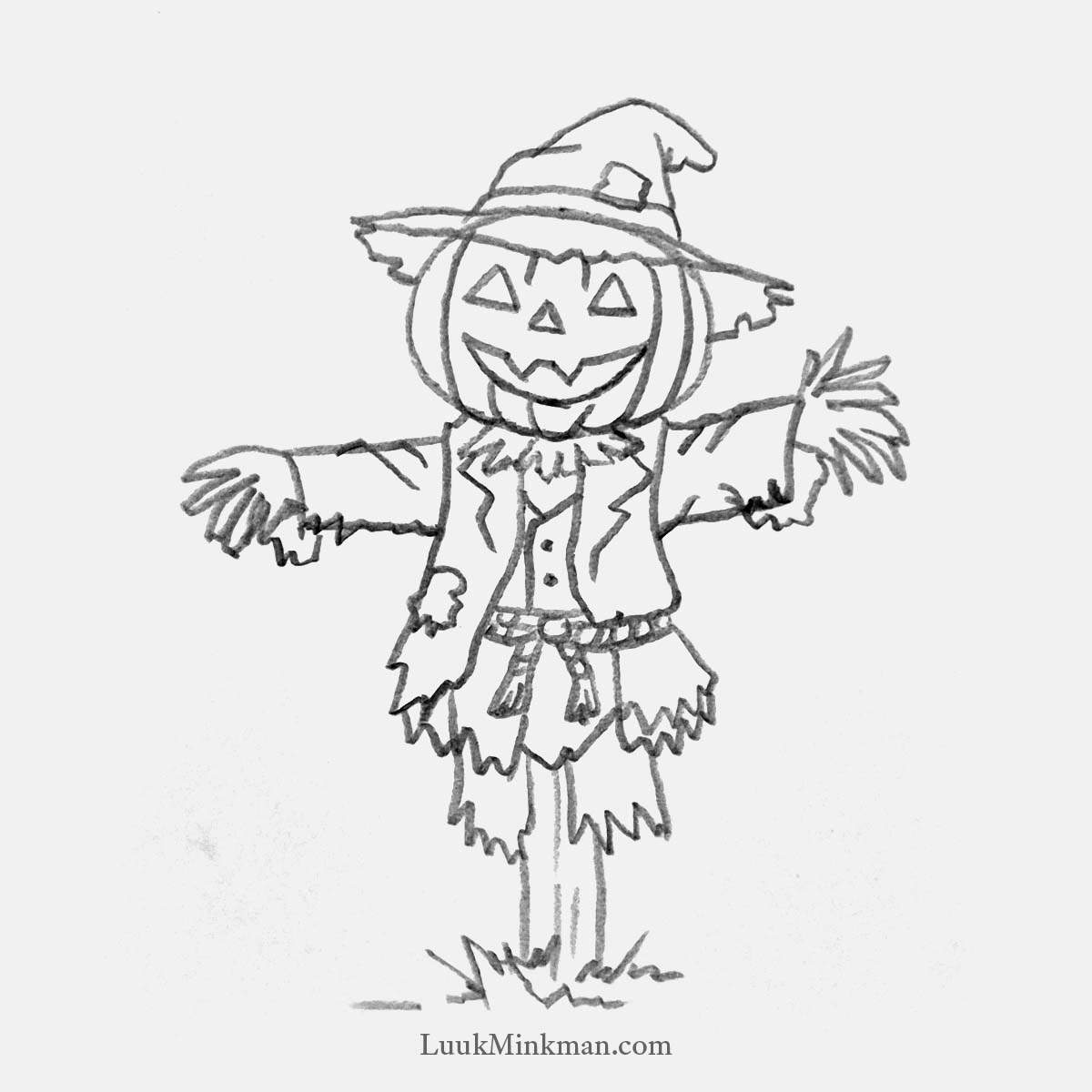 simple pencil drawing of a scarecrow with a pumpkin head