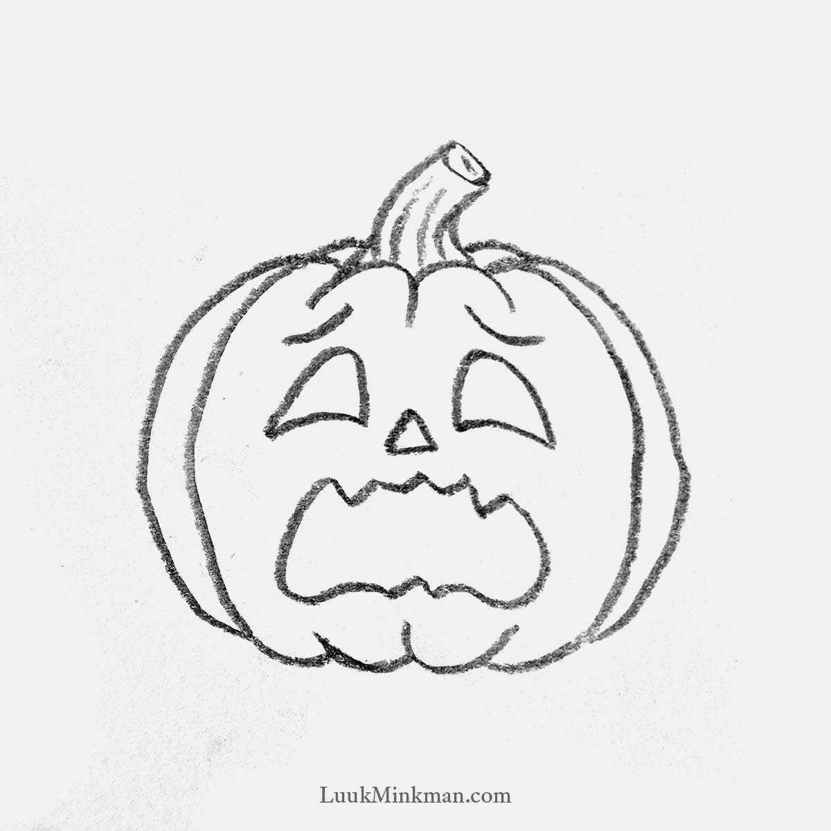 simple pencil drawing of a jack-o'-lantern that looks very scared