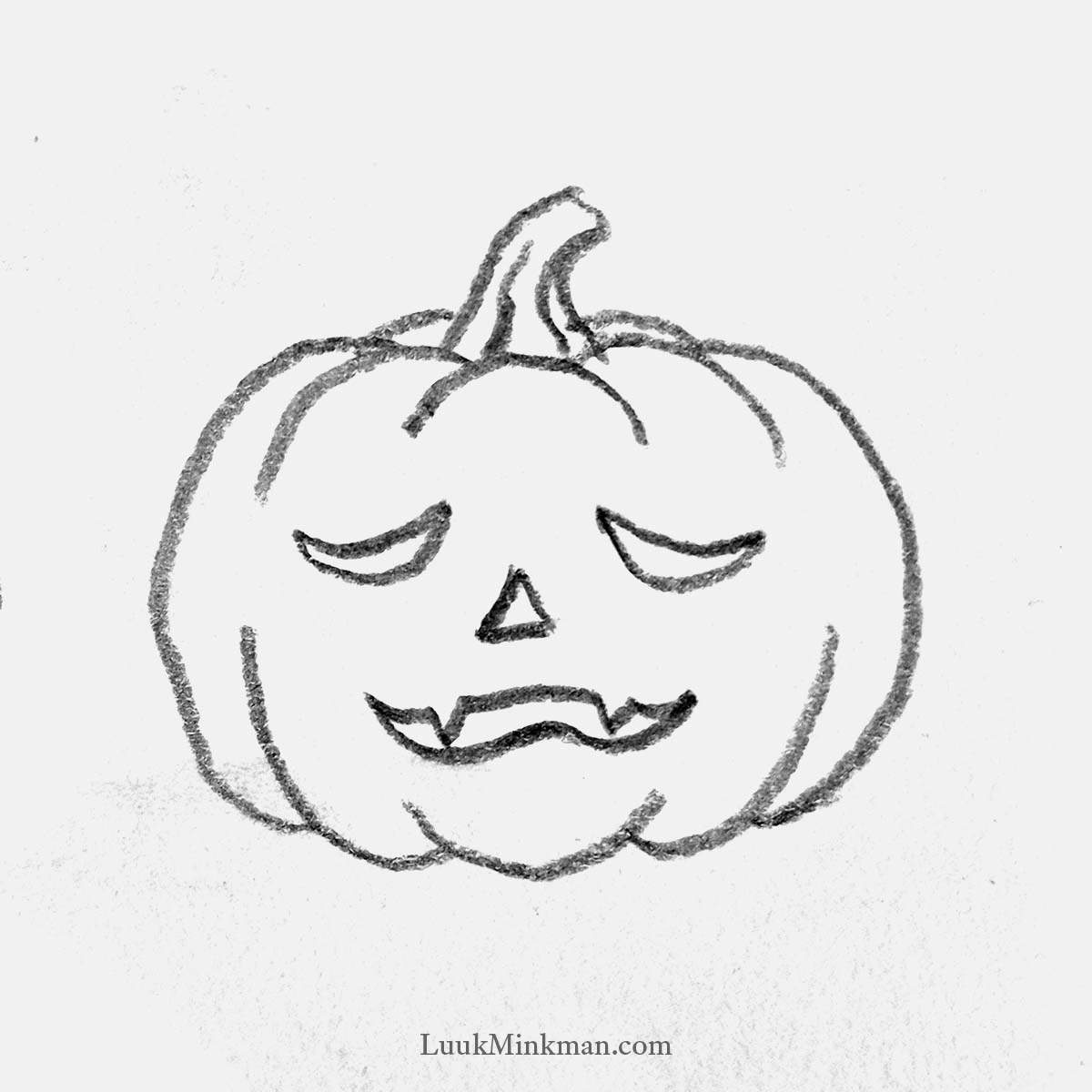simple pencil drawing of a sleepy jack-o'-lantern
