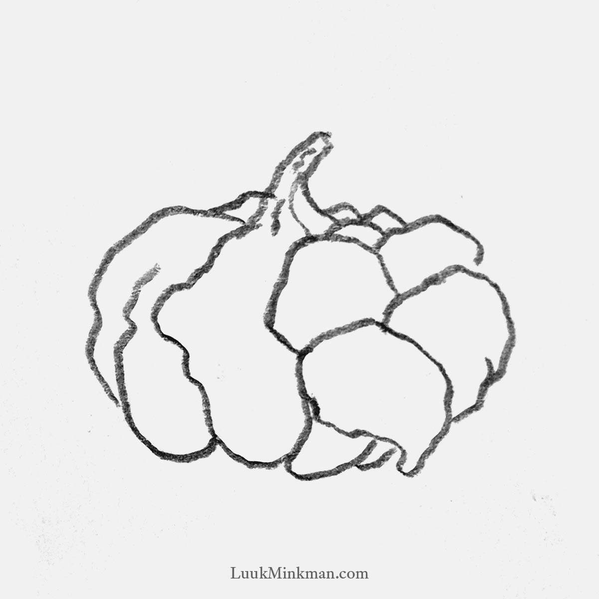 simple pencil drawing of a weirdly shaped pumpkin