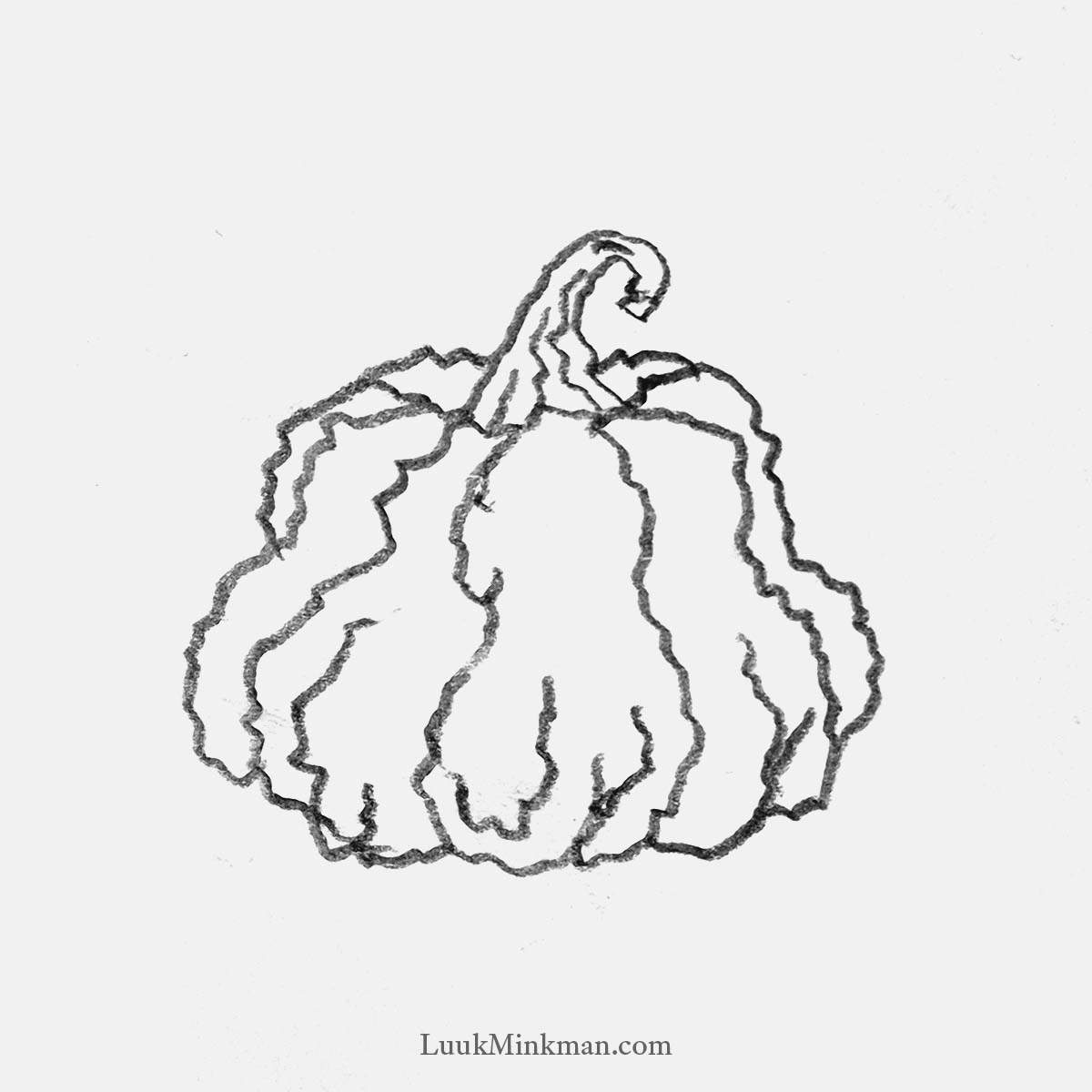 simple pencil drawing of an old and wrinkled pumpkin