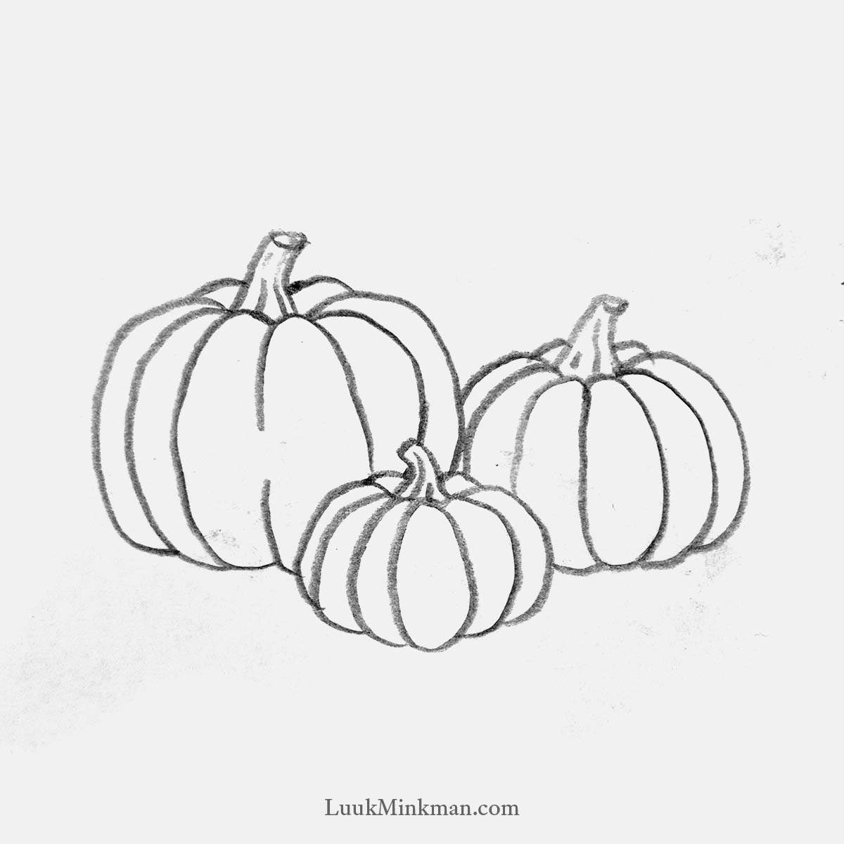simple pencil drawing of three pumpkins of different sizes