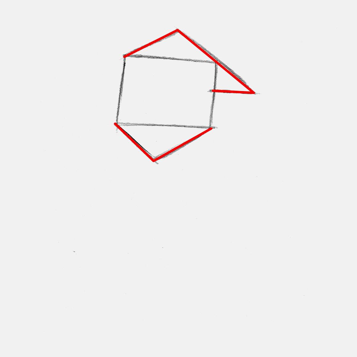 Add a floppy triangle on the box shape head which will become his christmas hat, and add a triangle below his head which will become his long and wavy beard