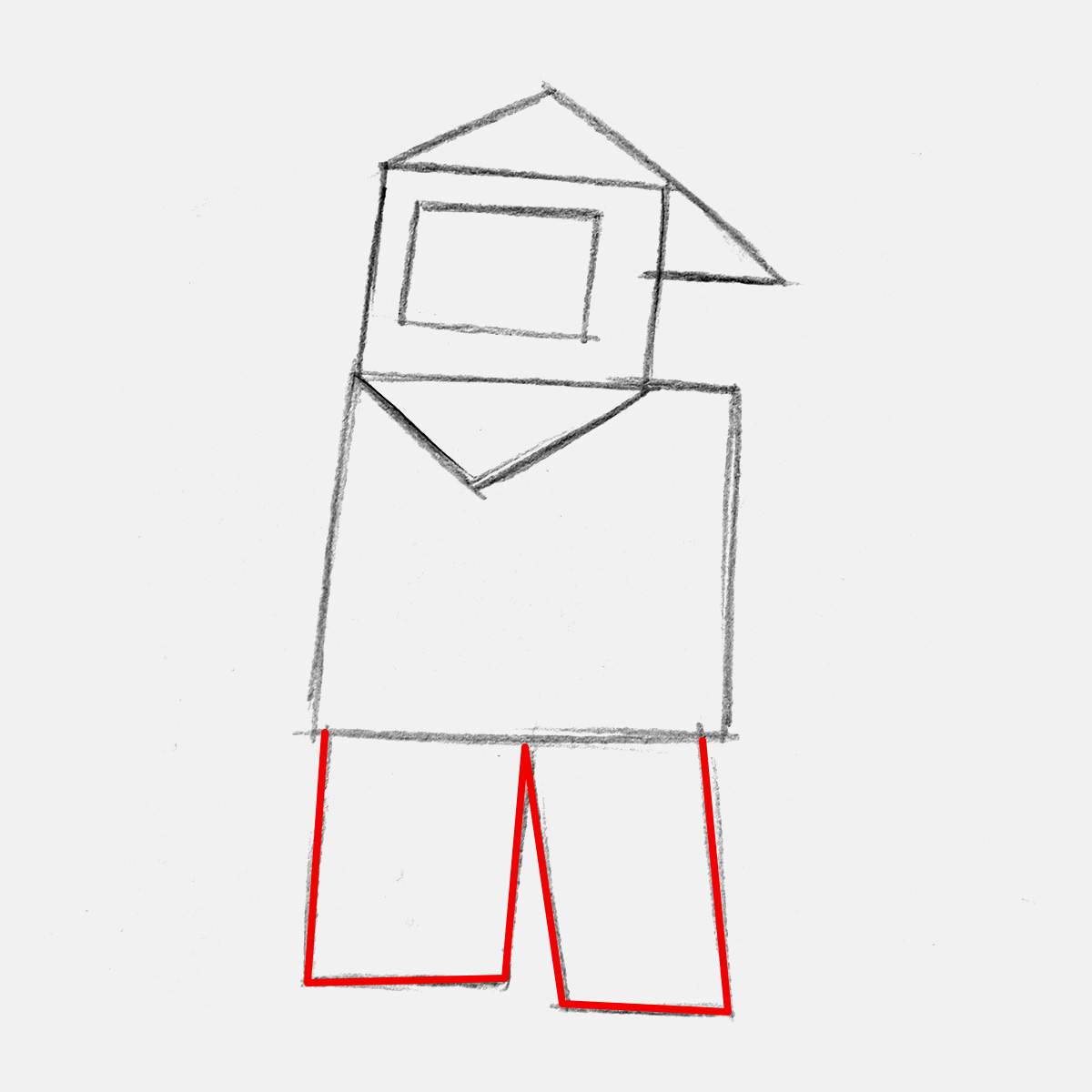 Add 2 rectangle shapes attached to the bottom of his body. These will guide us when we sketch his legs and boots.
