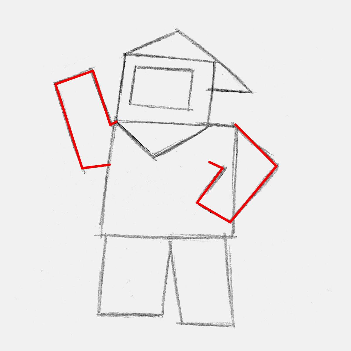 Add an L-shaped box shape for each arm. His right arm is pointing upwards, waving at us, and his left arm is hanging down.